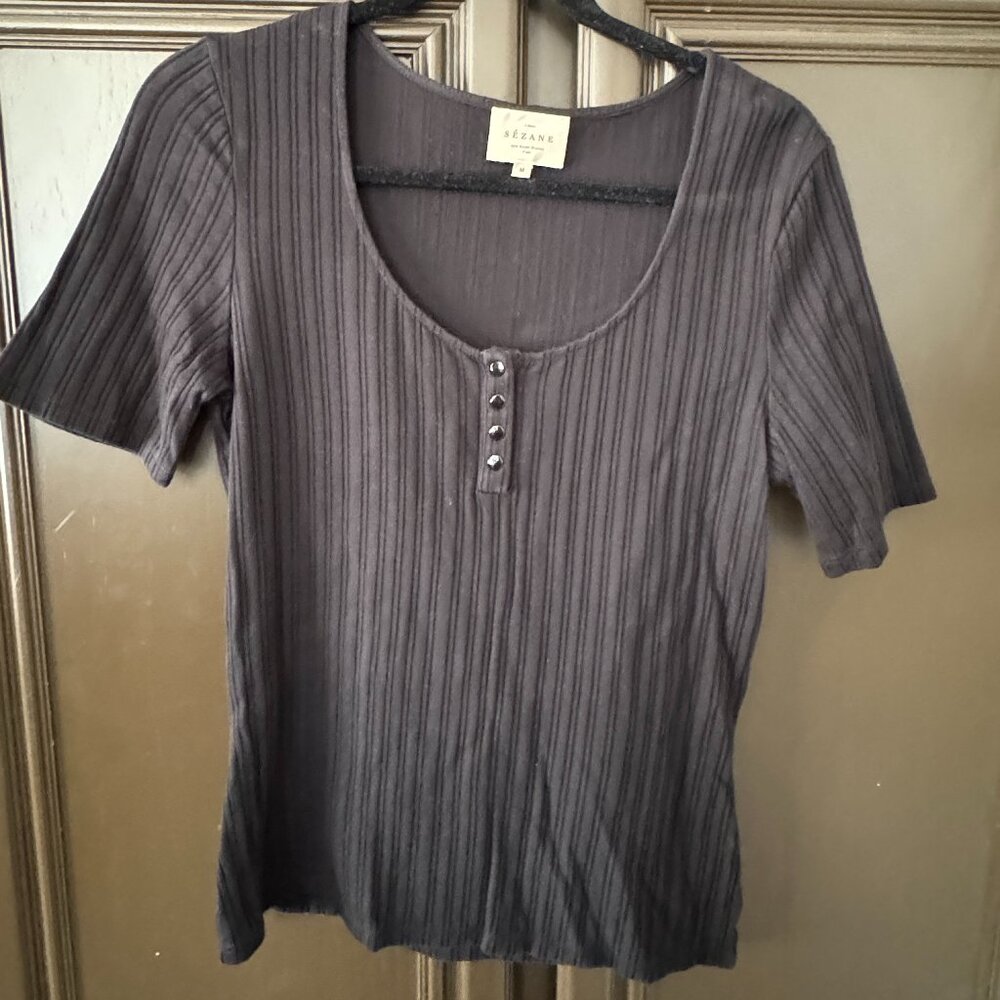 Sézane Ribbed Short Sleeve Henley Top - Medium
